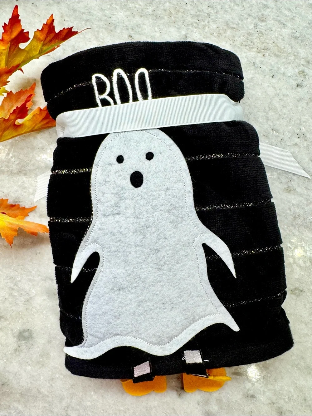 New Halloween BOO Ghost w/ Dangly Legs Black & Sparkle Bath Hand Towels 2Pc Set